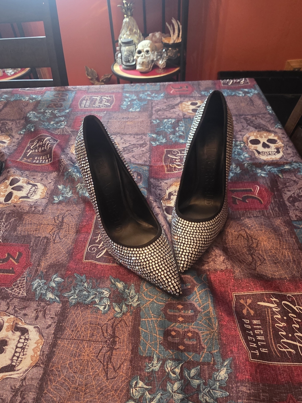 Karl Lagerfeld Black Crystal Embellished Pointed Toe Pumps